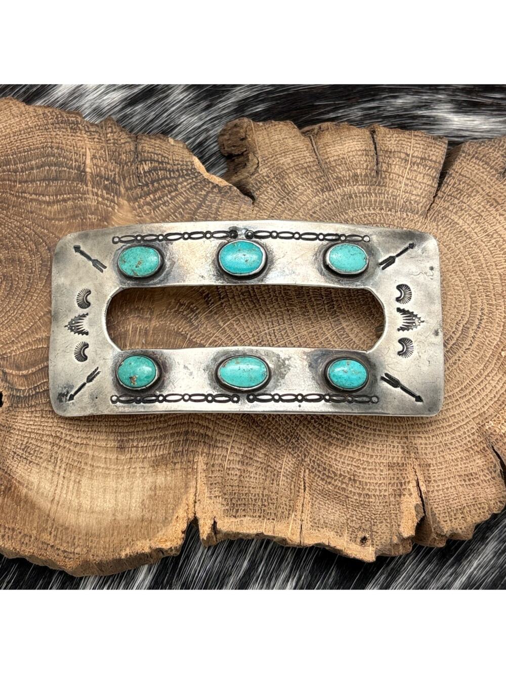 1940s NATIVE AMERICAN Solid Silver & Turquoise Belt Buckle With New Hardware